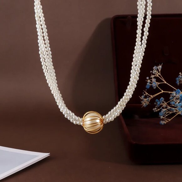 3/$35 Elegant Multi-Strand Faux Pearl Choker Vintage Style Gold Ball Bead Bride - Picture 6 of 10